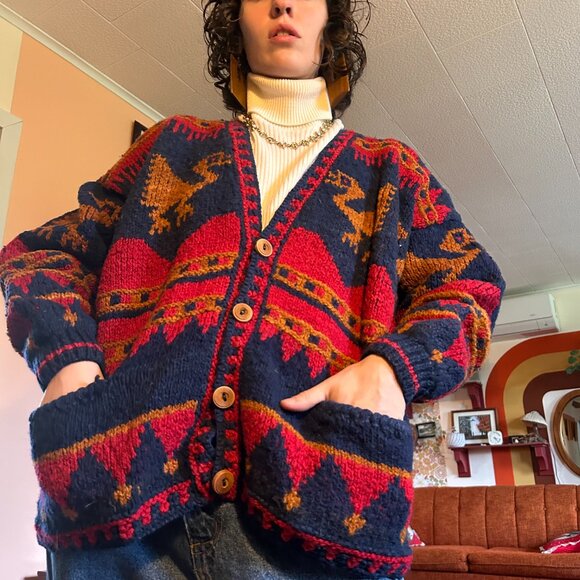 70s 80s 100% pure wool knitted red and blue cardigan - Toshy Made In Bolivia! - Picture 7 of 15